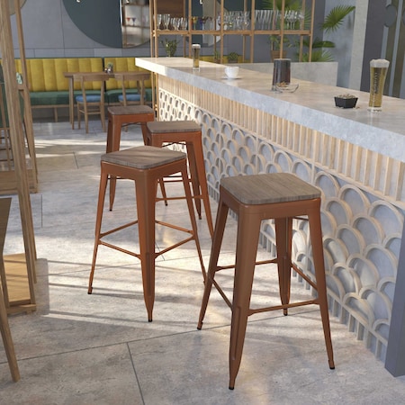 Flash Furniture Backless Copper Barstool with Square Wood Seat, 30" High, PK4 4-ET-BT3503-30-POC-WD-GG